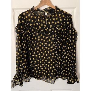 Who What Wear Womens Black W/yellow Tulips Long Sleeved Sheer  Blouse Size XL